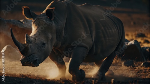 Majestic rhino charging through dusty plains, capturing raw power and wild energy