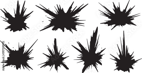 Collection of black ink splatter shapes on white background