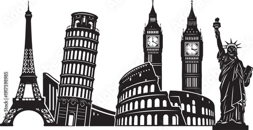 Iconic landmarks of the world in black and white