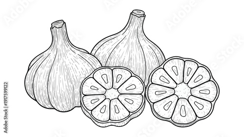 Minimalist garlic bulb and cloves vector illustration