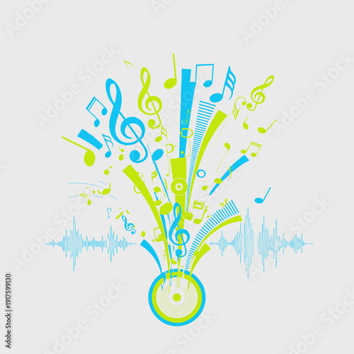 Musical Explosion: Notes, Clefs, and Sound Waves Bursting from Drum