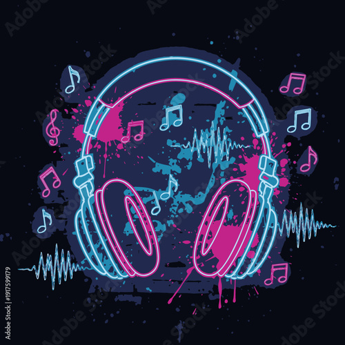 Neon Headphones with Music Notes and Sound Waves