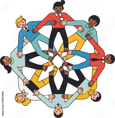 Diverse group of people joining hands in a circle