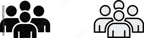 Black and white vector icons of people groups, representing community, social networking, teamwork, leadership, and human resources for business design.