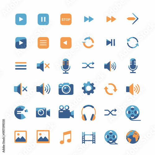 Media Player Icons Set - Play, Pause, Stop, Volume, Camera, Music, Video, Globe