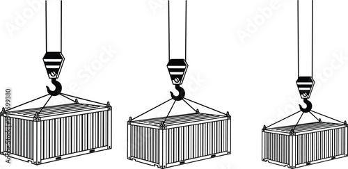 Industrial shipping cargo containers being lifted by heavy duty crane hooks for logistics transportation and global trade business in maritime port or warehouse.