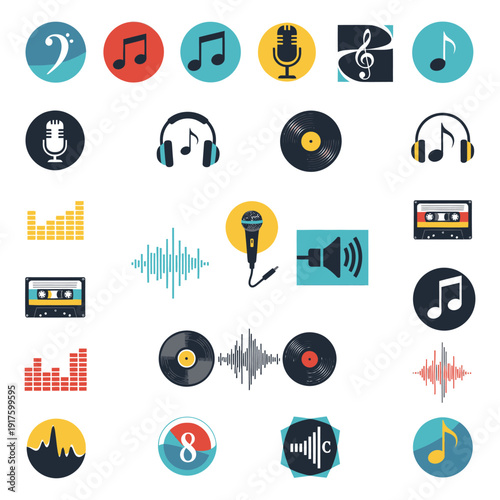 Music Icons Collection: Notes, Microphone, Vinyl, Headphones, Cassette, Sound Wave
