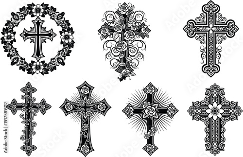 Intricate black and white vector silhouette collection of decorative Christian crosses featuring floral rose arrangements, ornate gothic patterns, religious symbols, and botanical wreath designs.