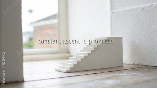 Minimalist white staircase symbolizing progress and constant ascent in a bright, airy setting