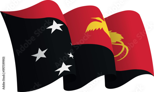 Flag of Papua New Guinea. Ribbon style flag that conveys a sense of movement and waving effect