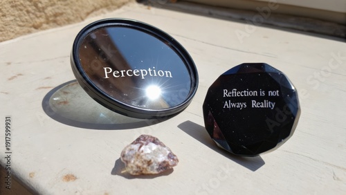 Mirror showing 'Perception' and a dark stone with 'Reflection is not Always Reality' quotes
