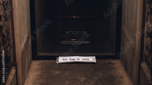 Mitigation label on dark object with secured passage uncertain text below