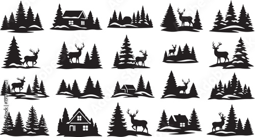 Black silhouettes of deer and trees with house icons