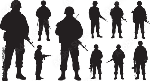 Silhouettes of soldiers in various poses with guns and helmets