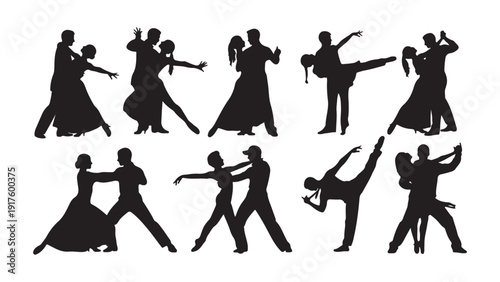 Elegant silhouettes of ballroom dancers in various poses