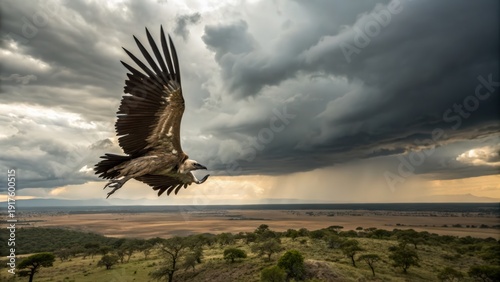 Majestic Vulture Soaring in Flight Amidst Dramatic Stormy Skies Over African Savanna Landscape