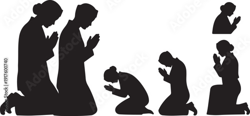 Silhouette of people praying in different positions together