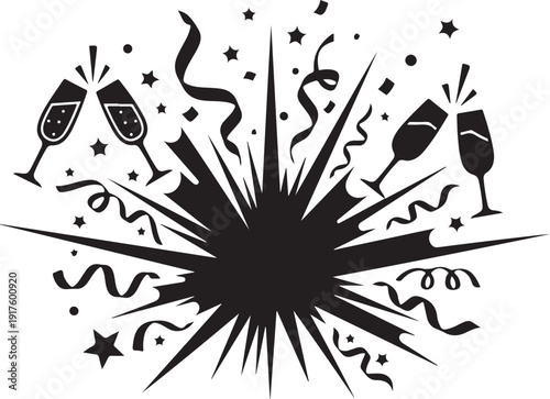 Celebration Silhouette with Champagne Glasses and Party Decorations