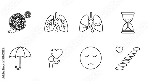 Mental health and well-being concept with various line icons depicting thoughts, stress, and clarity