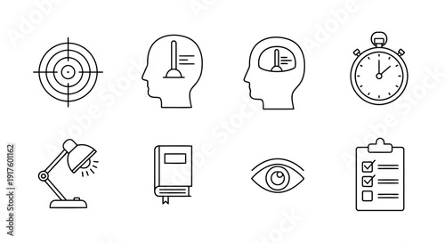 Set of line icons for self-improvement and personal development including goals, learning, and time management