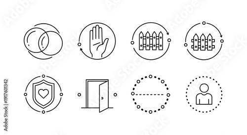 Set of eight outlined venn diagram, stop hand, fence, shield, door and user icons for various concepts