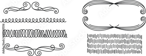 A collection of hand-drawn black and white decorative borders, dividers, and frame elements featuring swirls, scrolls, and spiral patterns on a clean white background.