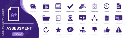 Assessment icon set. Containing book, checklist, calendar, grade A+, online test, teacher, feedback, thumbs up/down, warning, document, notes and more. Solid fill vector icons collection.