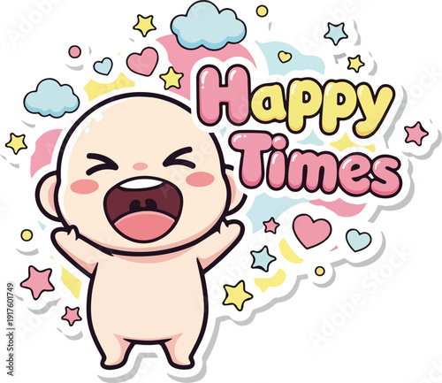 Cute cartoon baby laughing with happy times text
