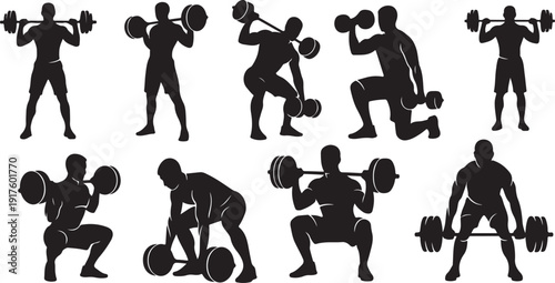 Silhouette of man lifting weights in various exercise positions