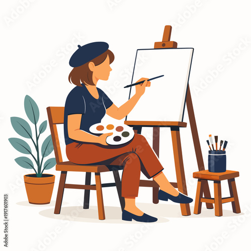 Creative woman painting on canvas with colorful brushes and palette