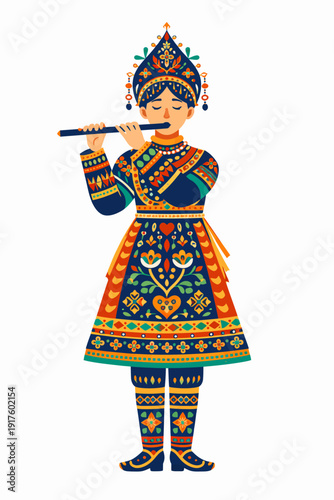 Traditional Indian man playing flute in ornate costume