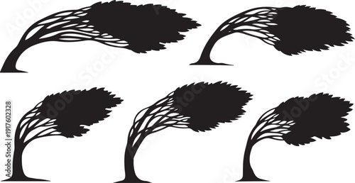 Black tree silhouettes blowing in the wind isolated white