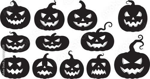 Collection of spooky black jack-o-lanterns on white background