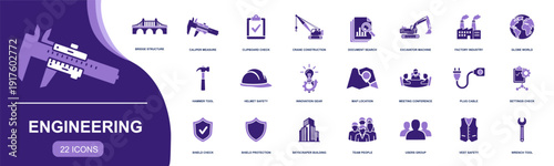Engineering icon set. Containing bridge, crane, excavator, factory, blueprint tools, caliper, wrench, safety helmet, inspection checklist, settings and more. Solid fill vector icons collection.