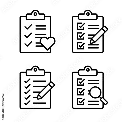 Checklist Line Icon Set with Review and Editing Symbols
