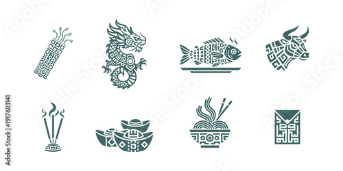 Chinese New Year Minimal Icon Collection – Lantern, Firecrackers, Zodiac Rat, Lucky Envelope, Gold Ingot, Vector Set