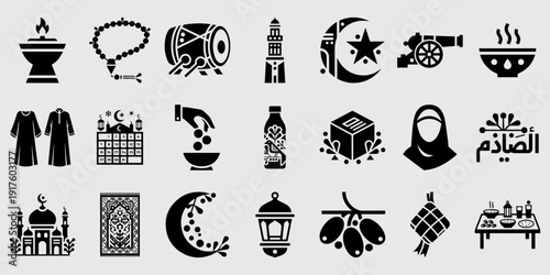 Elite Islamic Ramadan Celebration Graphic Set Featuring Detailed Mosque Minaret Prayer Beads And Traditional Symbols For Professional Eid Mubarak Branding Marketing Projects