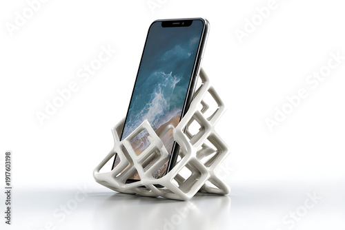 Modern smartphone on innovative white 3D printed stand