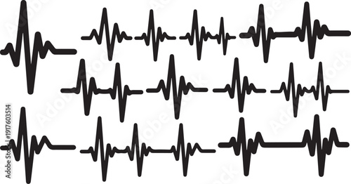 Multiple black ECG heartbeat lines on white medical background