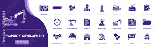 Property development icon set. Containing blueprint, floor plan, budget, builder, crane, excavator, brick, inspection, sale sign, location, house and more. Solid vector icons collection