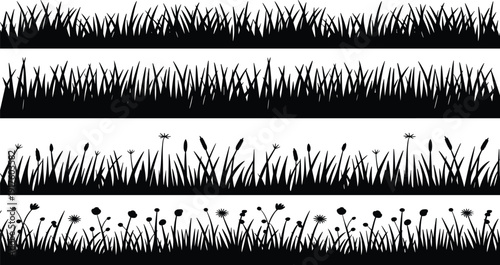 Black grass silhouettes collection, meadow wildflower border icons set, field lawn graphics, botanical nature vector, garden landscape design, herb, flora, plants.