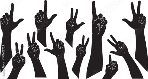 Many hands raised with peace signs and one finger