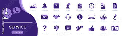 Service icon set. Containing customer support, help desk, call center, chat, email, checklist, meeting, headset, microphone, info, shield, and more. Solid fill vector icons collection.