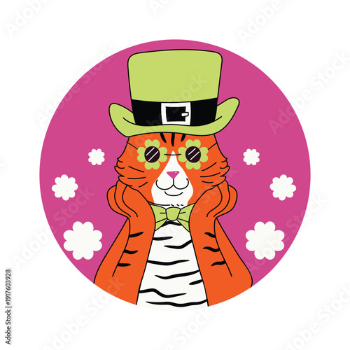 Cute orange tabby cat wearing a green hat and bow tie on a pink background, celebrating St. Patrick’s Day