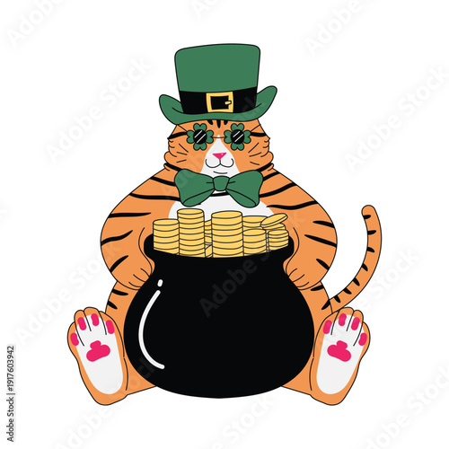 Cute fat tabby cat wearing a green hat sitting with a pot of gold coins, celebrating St. Patrick’s Day