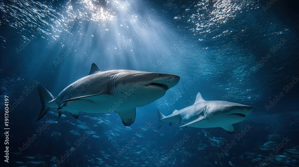 Fototapeta premium A large group of sharks moving through clear sea water.
