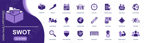 SWOT analysis icon set. Containing strengths, weaknesses, opportunities, threats, strategy, goal, growth, risk, idea, team, finance, search and more. Solid fill vector icons collection.