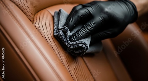 Hand in black glove cleaning leather car seat