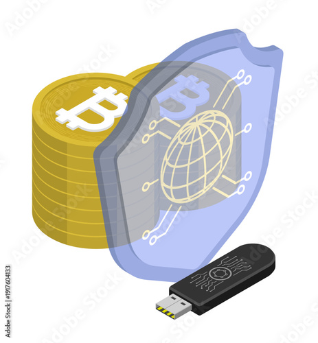 Isometric Bitcoin digital currency and cryptographic key flash drive protected by the blockchain network. Isolated cartoon vector concept on white background top view