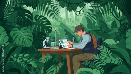 Botanist Studying Plant Samples in Lush Jungle Environment with Digital Tablet.
